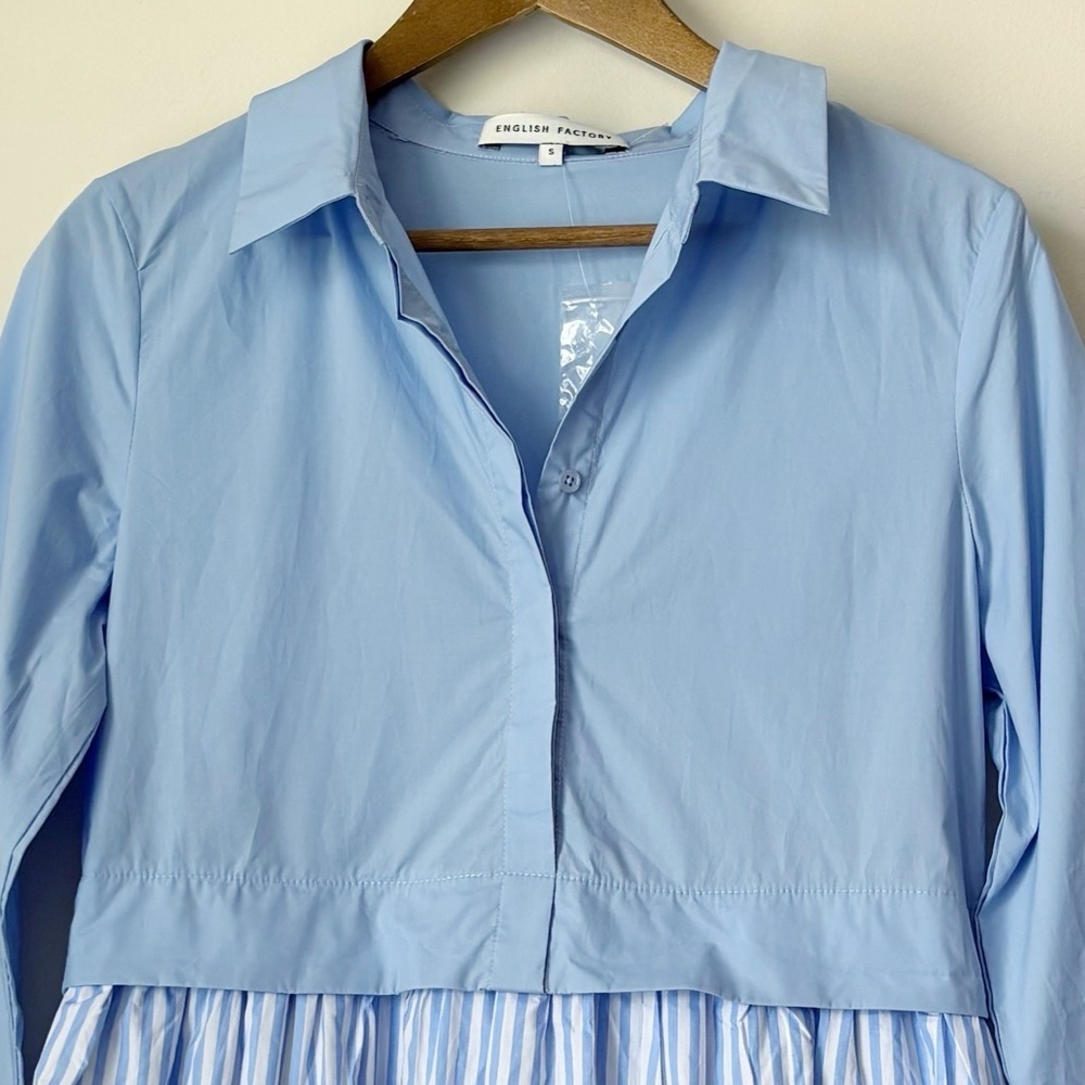 English Factory Contrast Powder Blue Striped Shirt Dress Small Coastal Summer - Picture 3 of 10